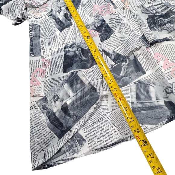 Why Dress Flowy Top Sz.L Newspaper Print Novelty Longline Ruffle 90s Maximalist - Picture 7 of 12